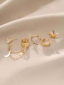 HOTNICE 4pcs/Set Rhinestone Hollow Butterfly Ear Cuff Earrings, Vintage Minimalist Star Moon Design Ear Chain Earrings, Jewelry Gift For Women - Yellow Gold - View 2