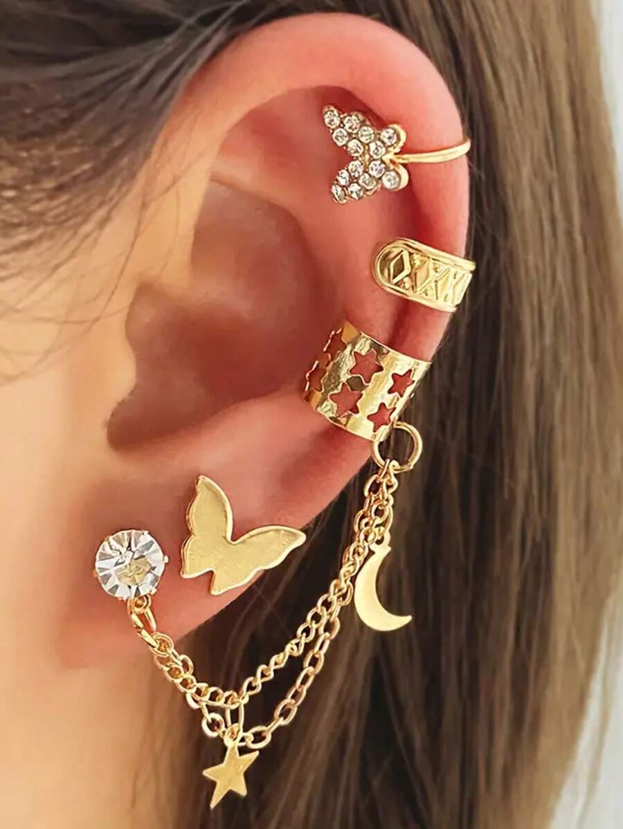 HOTNICE 4pcs/Set Rhinestone Hollow Butterfly Ear Cuff Earrings, Vintage Minimalist Star Moon Design Ear Chain Earrings, Jewelry Gift For Women - Yellow Gold - View 1