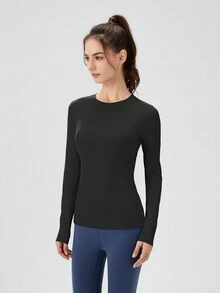 瑜伽運動服緊身彈力瑜伽運行長袖運動t恤衫 - 黑色 - 查看 2