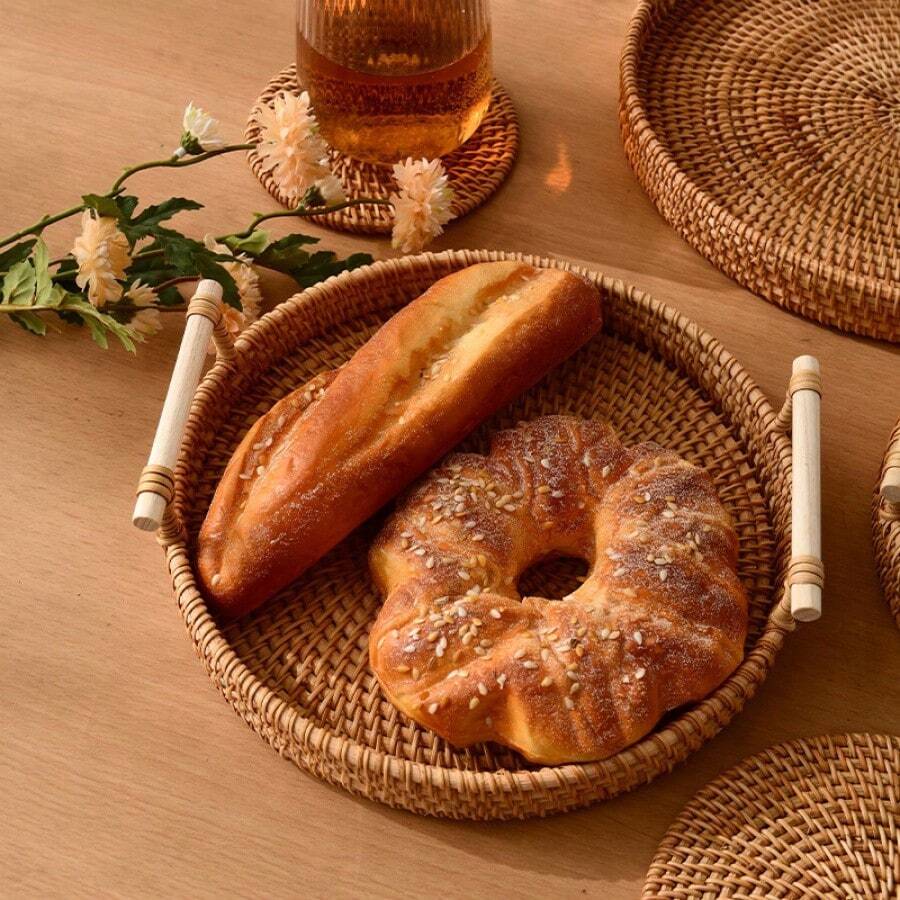 Handmade Round Wicker Tray With Handles For Serving Tea, Fruits, Bread & Snacks, Home Storage Organizer Basket - Mocha Brown - View 1