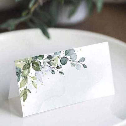 20/40/50pcs Watercolor Green Plant Pattern Wedding Or Party Place Cards, Dining Table Seating Cards, Pre-Scored For Easy Folding, Size 3.54" X 3.93", Suitable As Gifts And Decorations For Halloween, Christmas, Thanksgiving, Harvest Festival And Other Autumn Themed Occasions