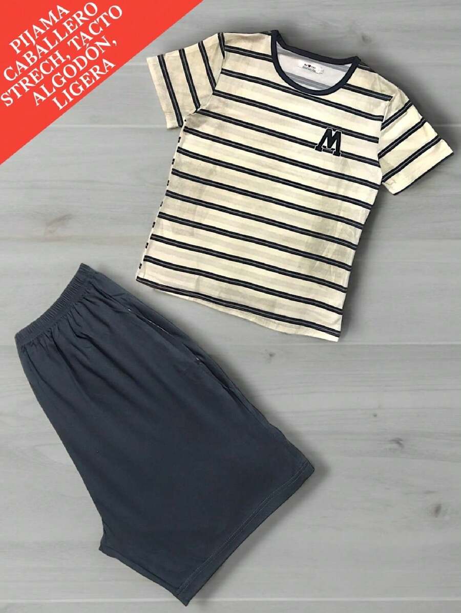 2-PIECE MEN'S SHORT PAJAMA SET, COTTON FEEL IN PLUS SIZES - 米色 - 查看 1
