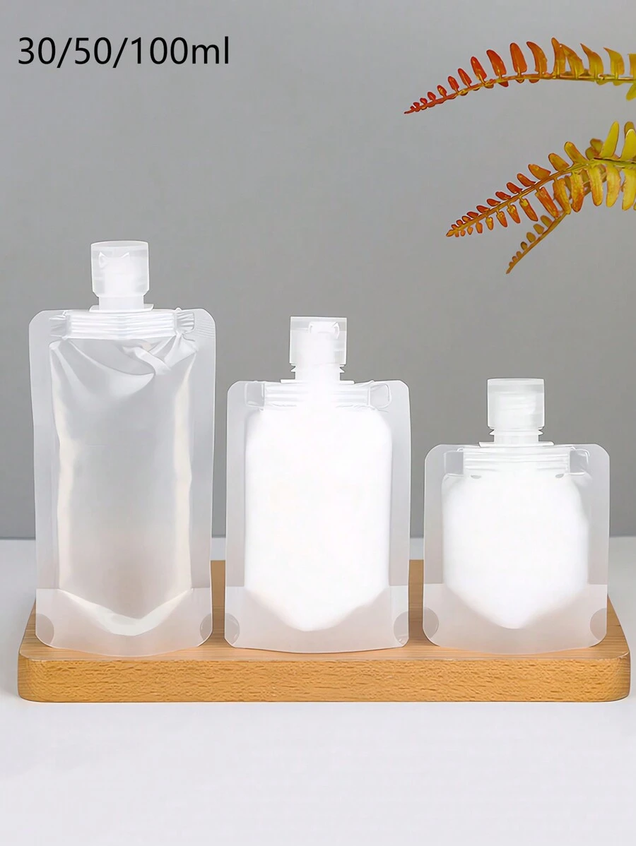 30ml/50ml/100ml 1 pieza/3 piezas Bolsas cosméticas recargables planas, soporte vertical, botellas dispensadoras de líquido a prueba de fugas para viajes, envases cosméticos, tubos exprimibles de artículos de tocador, adecuados para champú, loción, gel de baño, gel de ducha 2 en 1, buen sellado, compacto y portátil, accesorios de viaje, equipo de viaje al aire libre