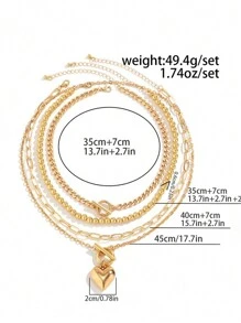 4 件套时尚金色合金多层心形吊坠项链，奢华女士派对珠宝礼物，适合夏季情人节 - 金色B - 查看 3