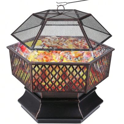 26/28/30 Inch Fire Bowl With Grill Grate, Fire Basket With Spark Protection, Hexagonal Fire Pit Outdoor With Poker, Charcoal Grate, Solid And Stable, 66 X 66 X 63 Cm, For Heating/BBQ