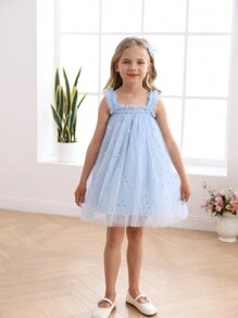 Young Girl Frill Trim Mesh Dress - Blue - View 5