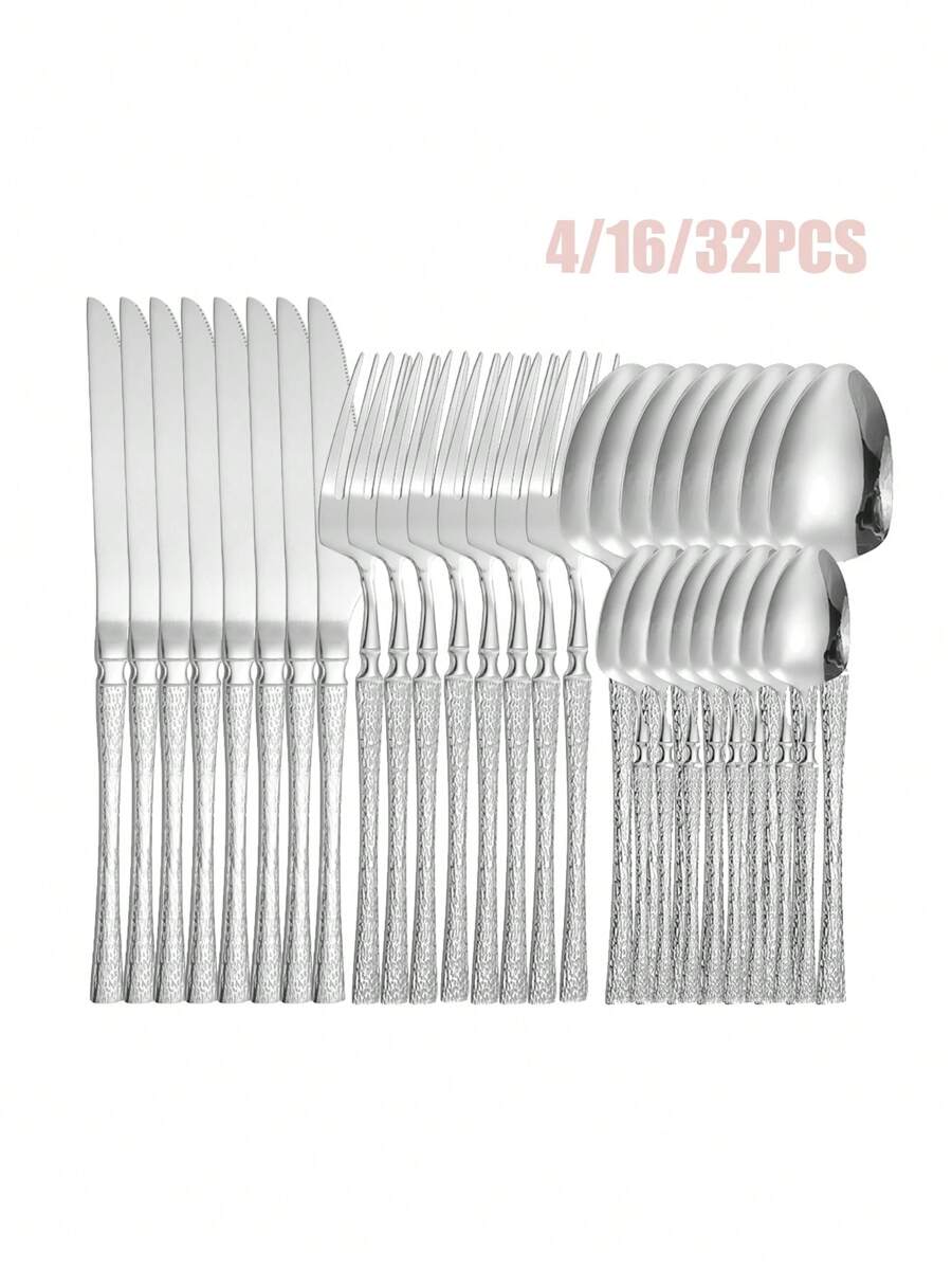 4/16/32 Chiếc Gương Ba Lan Bộ Dao Kéo Bằng Thép Không Gỉ Có Họa Tiết Cây Lý Tưởng Cho Họ Tụ Họp, Đi Dã Ngoại, Cắm Trại Đồ Dùng Học Tập, Trở Lại Trường Học - bạc - Xem 1