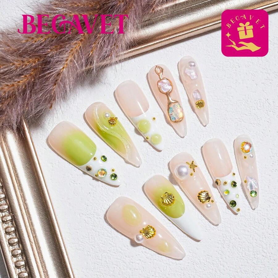 Nâng cấp vẻ ngoài của bạn với Begavet 10 chiếc móng tay 3D thiết kế thủ công độc quyền Y2K màu xanh lá cây nhạt có trang trí 3D, thích hợp cho các bữa tiệc và sử dụng hàng ngày.