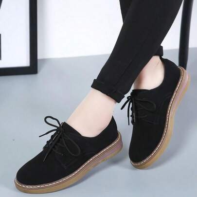 Mocasines Planos Para Mujeres, Zapatos Escolares De Color Sólido Con Cordones Y Corte Bajo, Zapatos Cómodos De Estilo Universitario