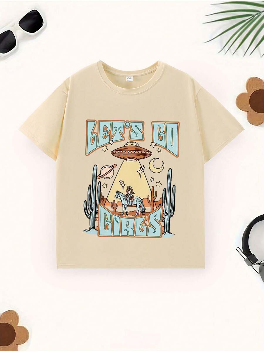 Young Girl Cute UFO, Cactus And Letter Printed Round Neck T-Shirt, Casual, Summer