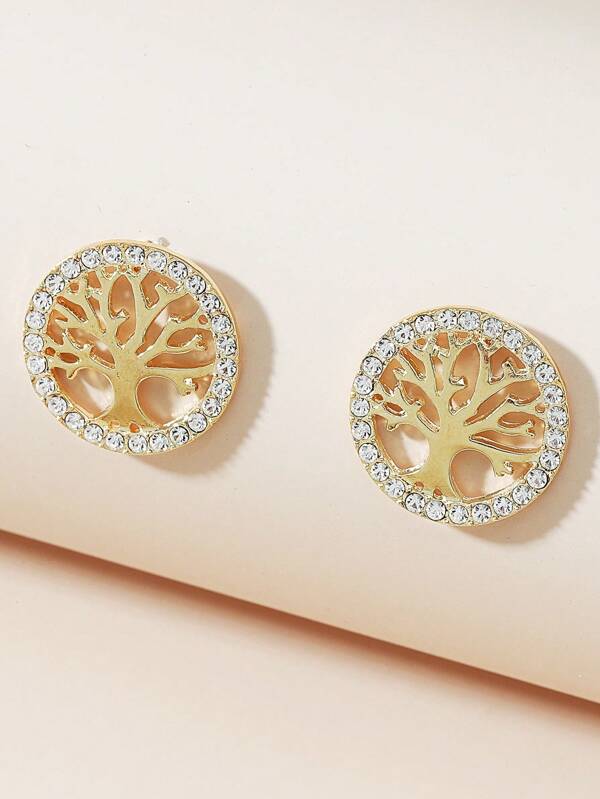 2pcs Simple & Fashionable Alloy Tree Of Life & Rhinestone Decor Stud Earrings, Suitable For Women's Daily Wear