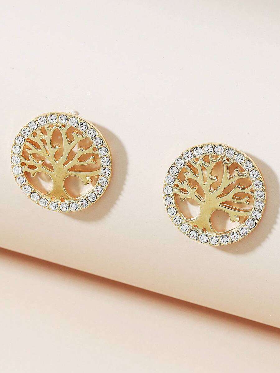 2pcs Simple & Fashionable Alloy Tree Of Life & Rhinestone Decor Stud Earrings, Suitable For Women's Daily Wear - Yellow Gold - View 1