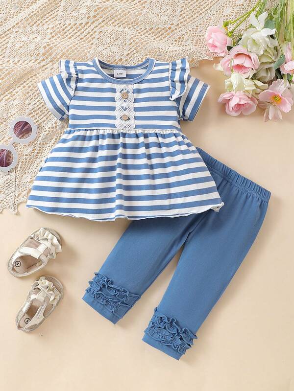 Baby Girl Round Neck Striped Short Sleeve Top With Ruffled Trim + Flounce Hem Pants