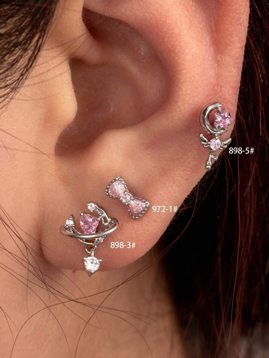 Toppiercing 1 件时尚铜镶嵌魔杖、蝴蝶结、心形、宇宙和不锈钢条耳钉情人节、妈妈、母亲、母亲节、礼物 - 銀色 - 查看 1