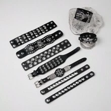 9pcs Punk Style Rivet Skull PU Leather Bracelet, Exaggerated Gothic Dark Rivet Bracelet For Men, Couples, Rock, Students - Black - View 1