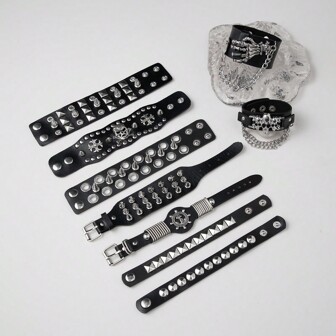 9pcs Cool Punk Style Spike Skull Pu Men's Bracelet, Gothic Style, Couples Wristband, Rock Style, Student Bracelet