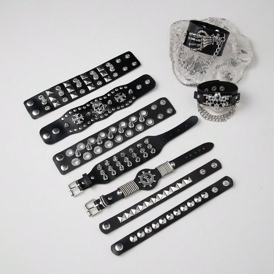 9pcs Punk Style Rivet Skull PU Leather Bracelet, Exaggerated Gothic Dark Rivet Bracelet For Men, Couples, Rock, Students - Black - View 1