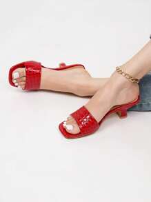 New Women's Crocodile Pattern Strap Chunky Heel Mules Slides For Summer Valentines