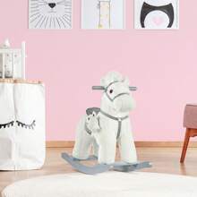 HOMCOM Cavallo a Dondolo in Peluche e Legno con Suoni e Orsetto Incluso, per Bimbi da 18-36 Mesi, 65x26x55cm - Bianco - Visualizzare 2