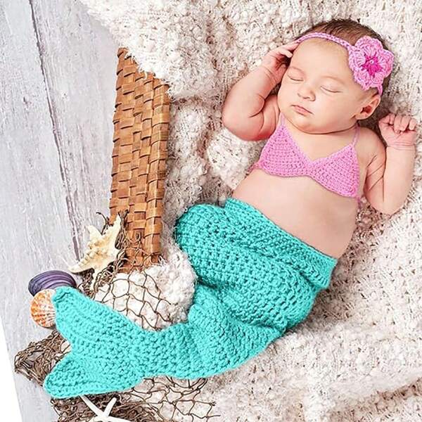Set fotografico neonato, costume da neonato a forma di coda di sirena realizzato a mano all'uncinetto, set per servizio fotografico neonato, decorazioni e regali per festa di nascità, regali di Pasqua per bambine/bambini