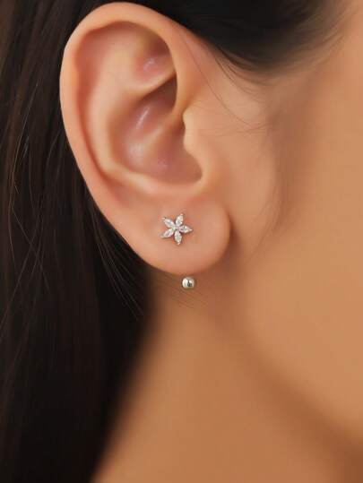 2pcs Cubic Zirconia Flower Design C-Shaped Screw Ear Studs, Women's Daily Or Dating Gift Valentines,Mom,Mother,Mother's Day,Gift