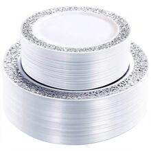 102PCS Silver Plastic Plates-Reusable Plates With Silver Rim- Lace Design Plates Including 51Plastic Dinner Plates 10.25inch,51 Salad Plates 7.5inch - Silver - View 1