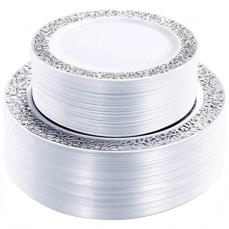 102PCS Silver Plastic Plates-Reusable Plates With Silver Rim- Lace Design Plates Including 51Plastic Dinner Plates 10.25inch,51 Salad Plates 7.5inch - Silver - View 1