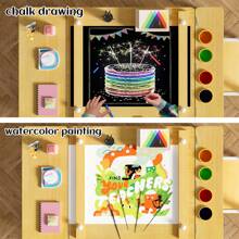 AYYDS Children's Table With Storage Space And 2 Chairs, Craft Table & Learning Table, Children's Painting Table With Tilting Tabletop, Children's Seating Group, Children's Furniture Set Made Of Wood, Painting Table, Table For Children, 110 * 62 * 53.4CM, White And Yellow