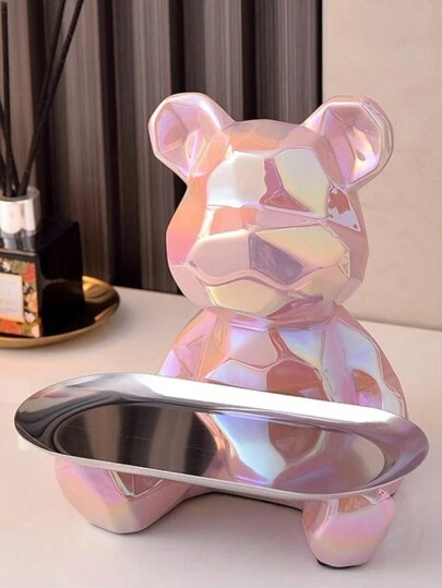 1 Piece Of Abstract Ceramic Electroplated Bear Statue With Tray To Store Ornaments, Keys, Cosmetics Storage Tray, And Piggy Bank Bookshelf Statue Decoration. Best Gifts Birthday Graduation