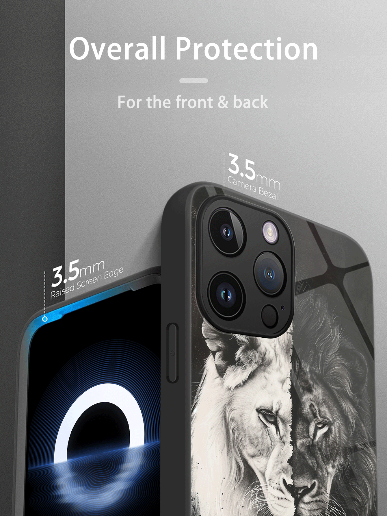 镜面 1 件装 独特双面狮子黑色玻璃手机壳 兼容苹果 11/12/13/14/15 Plus/16/16 Pro Max 和 A53/A54/A55/S24/S24 FE/S24 Ultra 型号 - 彩色 - 查看 4