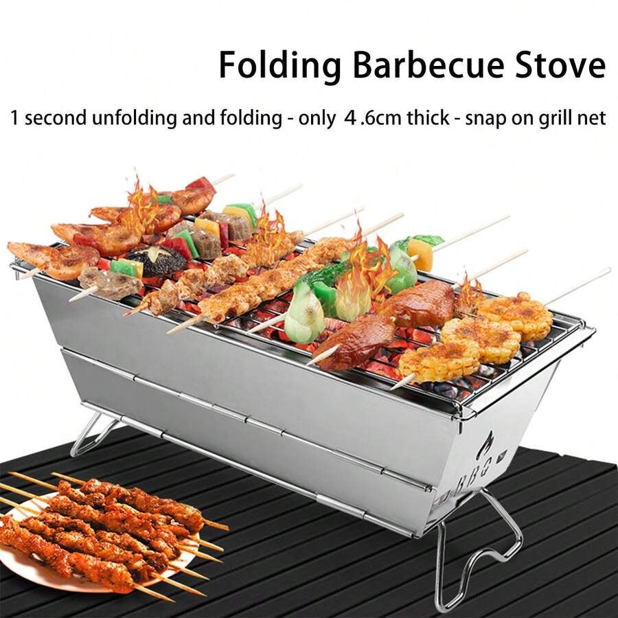 Foldable Stainless Steel Bbq Grill Set For Outdoor Camping And Home Gathering - Silver - View 1