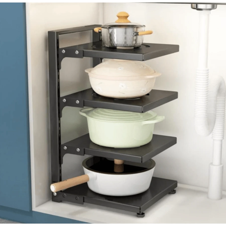 4 Tier Pot And Pan Organizer, Under Cabinet Pot Organizer, Steel Kitchen Pan Organizer Rack. - สีดำ - ดู 1