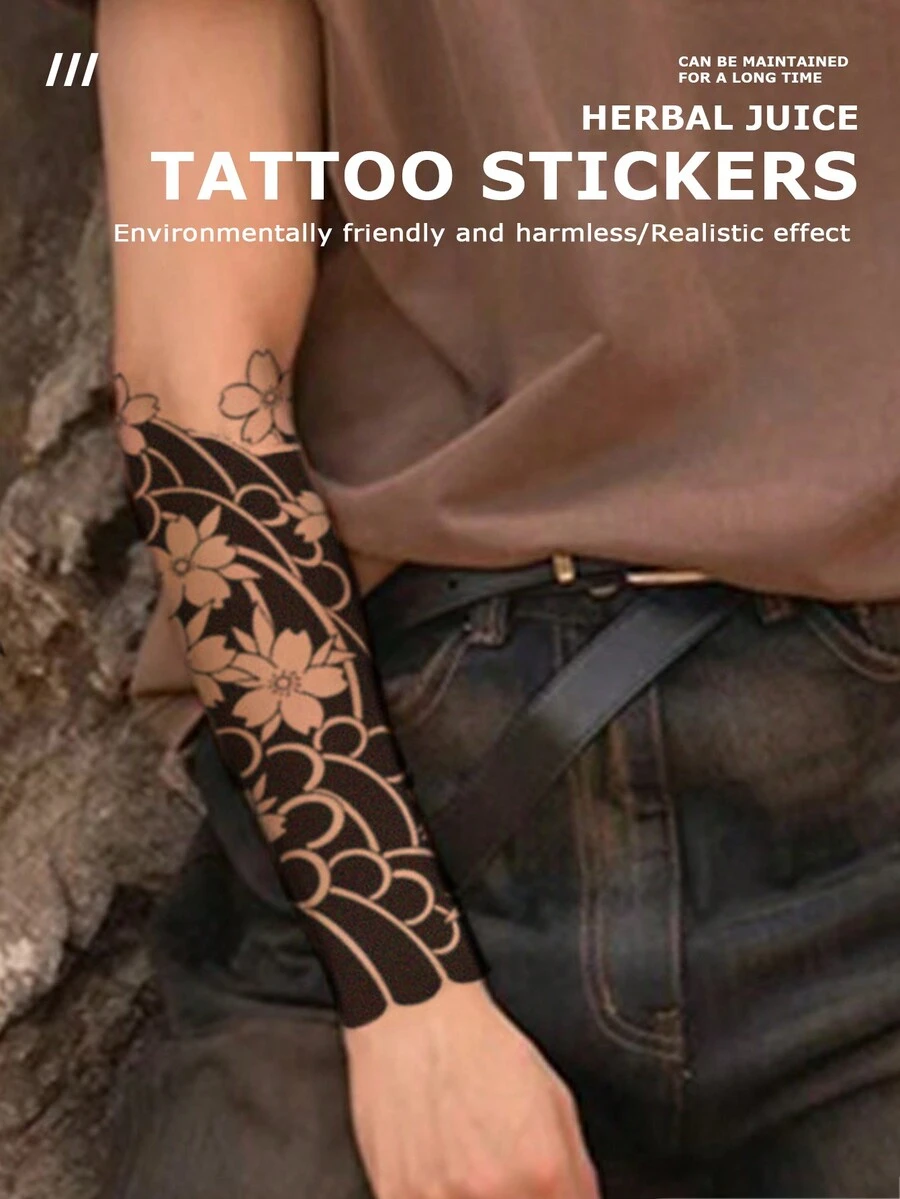 Juicy Herbal 临时纹身，渐变色，无眩光，不反光，Ins 风格，男女通用，黑色手臂花朵图案，防水 - 彩色 - 查看 1