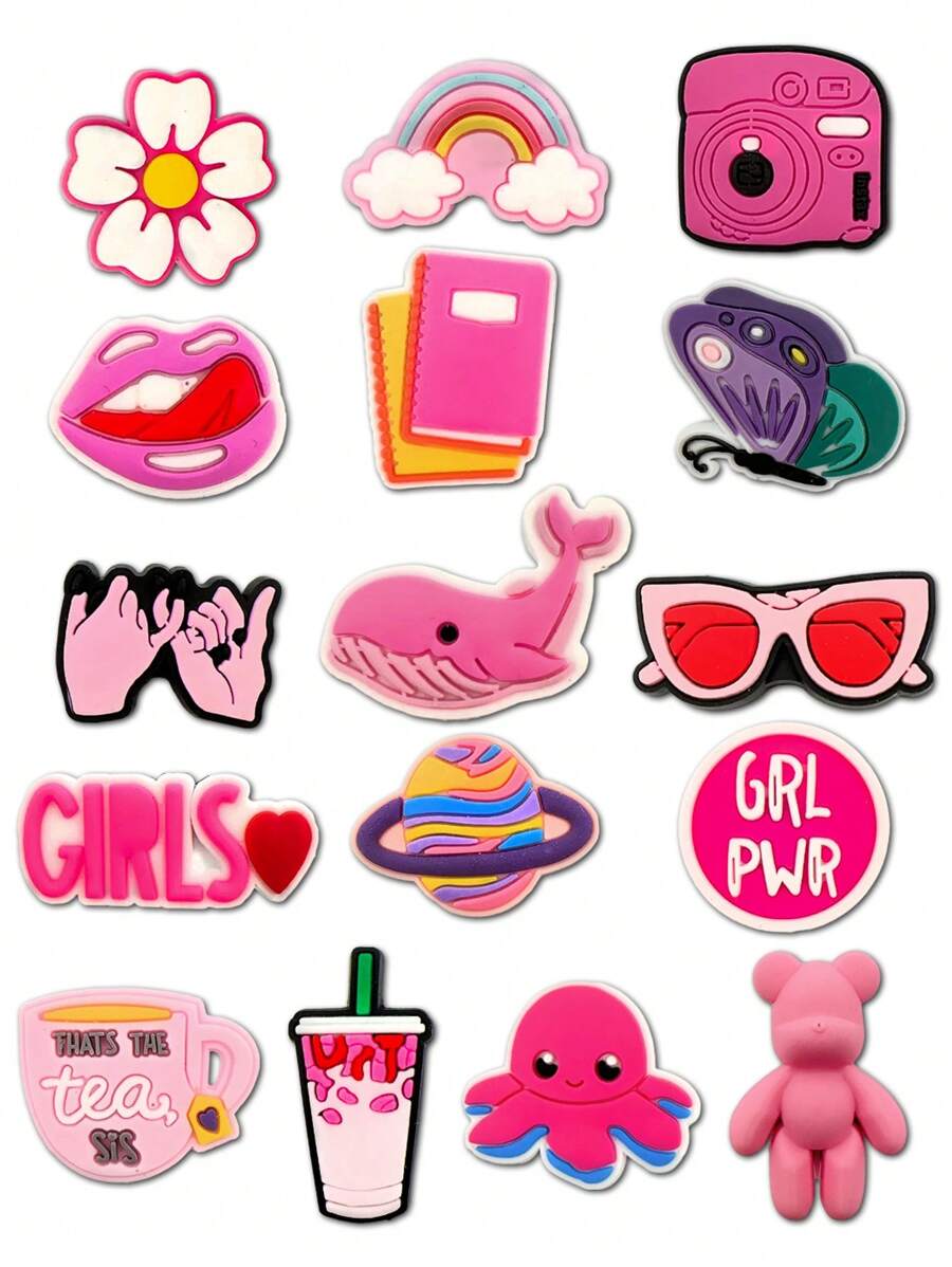 16 PCS Pink Series Theme Pattern Cute Shoe Charm Suitable For Crocodile Charm DIY Decorative , Pen Cases, Bags, Phone Case Accessories And Party Gifts
