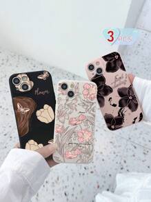 3 piezas Funda de teléfono de silicona suave con estampados florales vintage en negro, blanco y rosa, y diseño de protección para la lente de la cámara, compatible con iPhone11, iPhone13, iPhone14, iPhone15 y otros modelos compatibles con - Multicolor - Ver 1