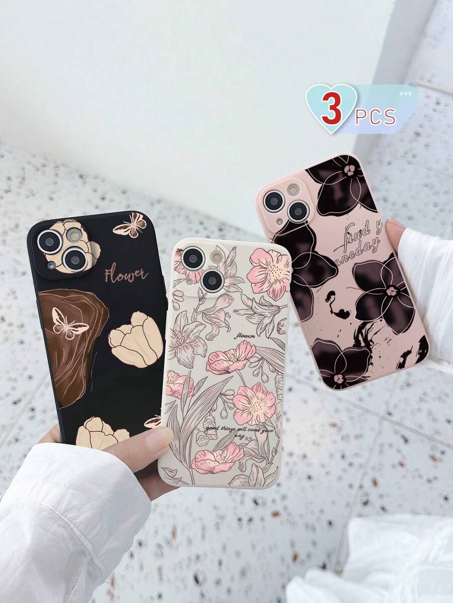 3 piezas Funda de teléfono de silicona suave con estampados florales vintage en negro, blanco y rosa, y diseño de protección para la lente de la cámara, compatible con iPhone11, iPhone13, iPhone14, iPhone15 y otros modelos compatibles con - Multicolor - Ver 1