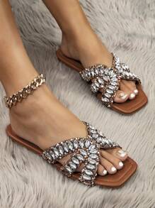 Dép đế bằng đính đá Rhinestone thời trang cho chuyến đi biển thoải mái dành cho phụ nữ ngoại cỡ dép chống trượt - màu nâu - Xem 2