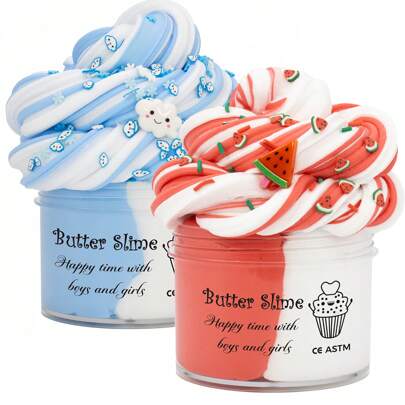 Set de Slime de mantequilla con 2 colores de 70ML, esponjoso y no pegajoso, con accesorios de nube de sandía, regalo para cumpleaños, fiestas, Pascua, juguete antiestrés DIY, útiles escolares, Slime ASMR, accesorios de Slime
