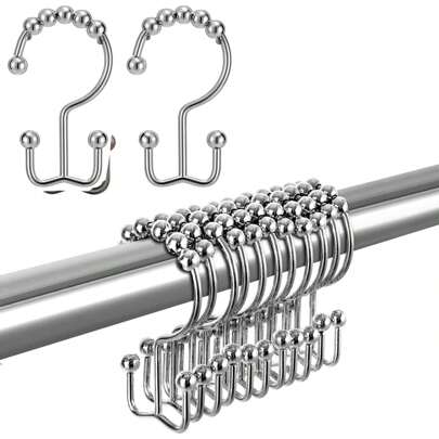 12pcs Silver Metal Shower Curtain Hooks With Smooth Rolling Ball Bearings, Durable, Waterproof And Rustproof Decorative Double Hooks For Bathroom, Bedroom, Kitchen Accessory Multi-Purpose Hook Bathroom Decor