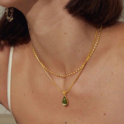 S SHOPBOHO 1pc Waterproof 18k Gold Plated Stainless Steel Mini Metal Beads Chain Waterdrop Layered Necklace For Women