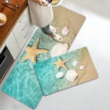 1件海洋系列柔软绒面防疲劳地垫，适用于浴室、厨房、玄关、走廊，饰有海星和贝壳图案 - 彩色 - 查看 12