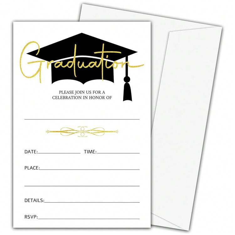 20 Conjuntos/40 Piezas Suministros Para Fiesta De Graduación Con Invitaciones Y Sobres Para Graduación Del 2024, Graduación Anuncios De Felicitación - Blanco - Añade 1