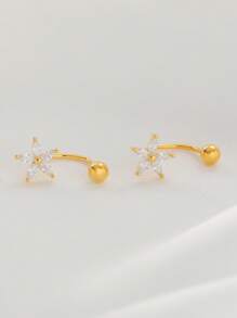 2 件锆石五瓣花 C 形耳钉，女士螺丝耳环，适合日常佩戴和礼物 - 金黃色 - 查看 3