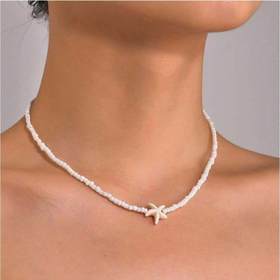 1pc Bohemian Style Rice Bead Necklace With Starfish & Beads, Beach Inspired Clavicle Chain - White - View 1