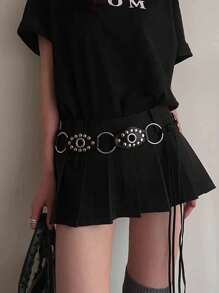 1pc Women's Black Round Buckle Pu Leather Belt With Rivet Detail Halloween Summer, School Fall, Autumn, Halloween