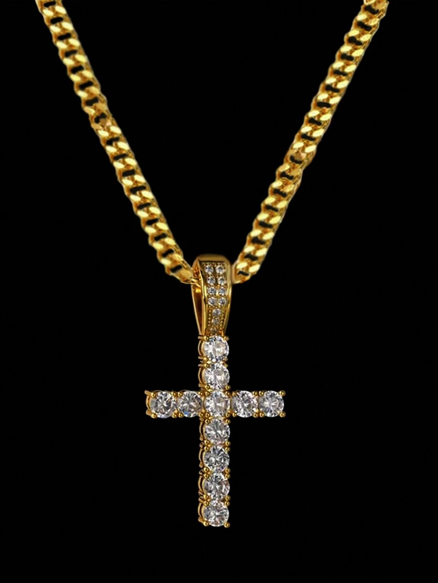 1pc Fully Encrusted Cross Pendant Necklace For Men, Hip-Hop Street Style - Yellow Gold - View 1