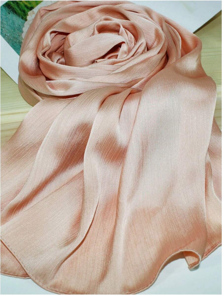 1pc Women's Elegant Pleated Satin Scarf Shawl - Baby Pink - View 1