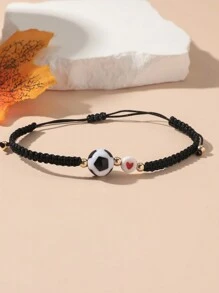1pc Simple Sports Team Member Style Football/Volleyball Beaded Bracelet With Adjustable Weave Strap - Black - View 1