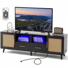 JanflyHome TV Stand For 70 Inch TV - Modern Wood Rattan Media Console With Charging Station Light Strip, Entertainment Cabinet Accents Storage Furniture With 2 Drawers For Living Room - 黑色 - 查看 1