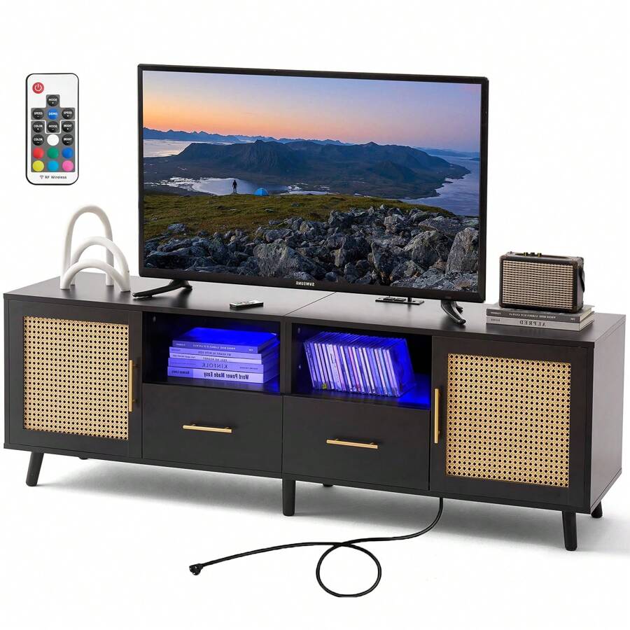 JanflyHome TV Stand For 70 Inch TV - Modern Wood Rattan Media Console With Charging Station Light Strip, Entertainment Cabinet Accents Storage Furniture With 2 Drawers For Living Room - 黑色 - 查看 1